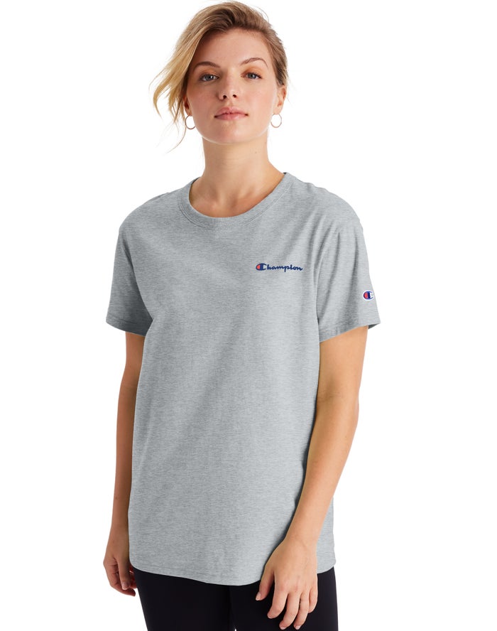 Champion Womens T-Shirt NZ - Boyfriend Script Logo Grey ( 2635-YTOVN )